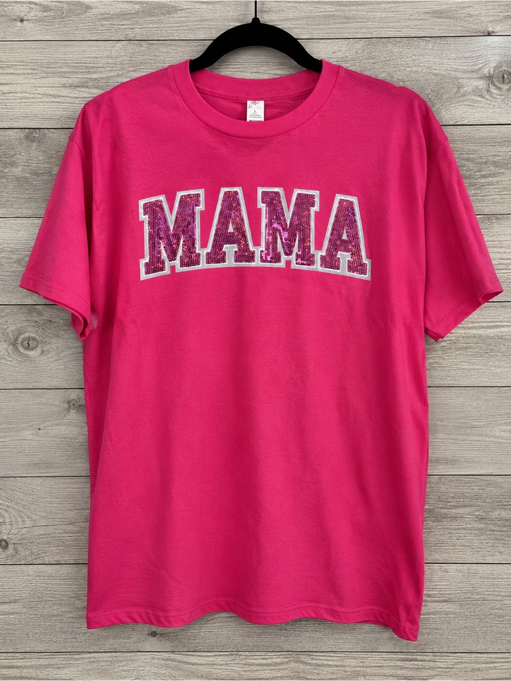 Bright Pink Sequin 'MAMA' Short Sleeve Tee